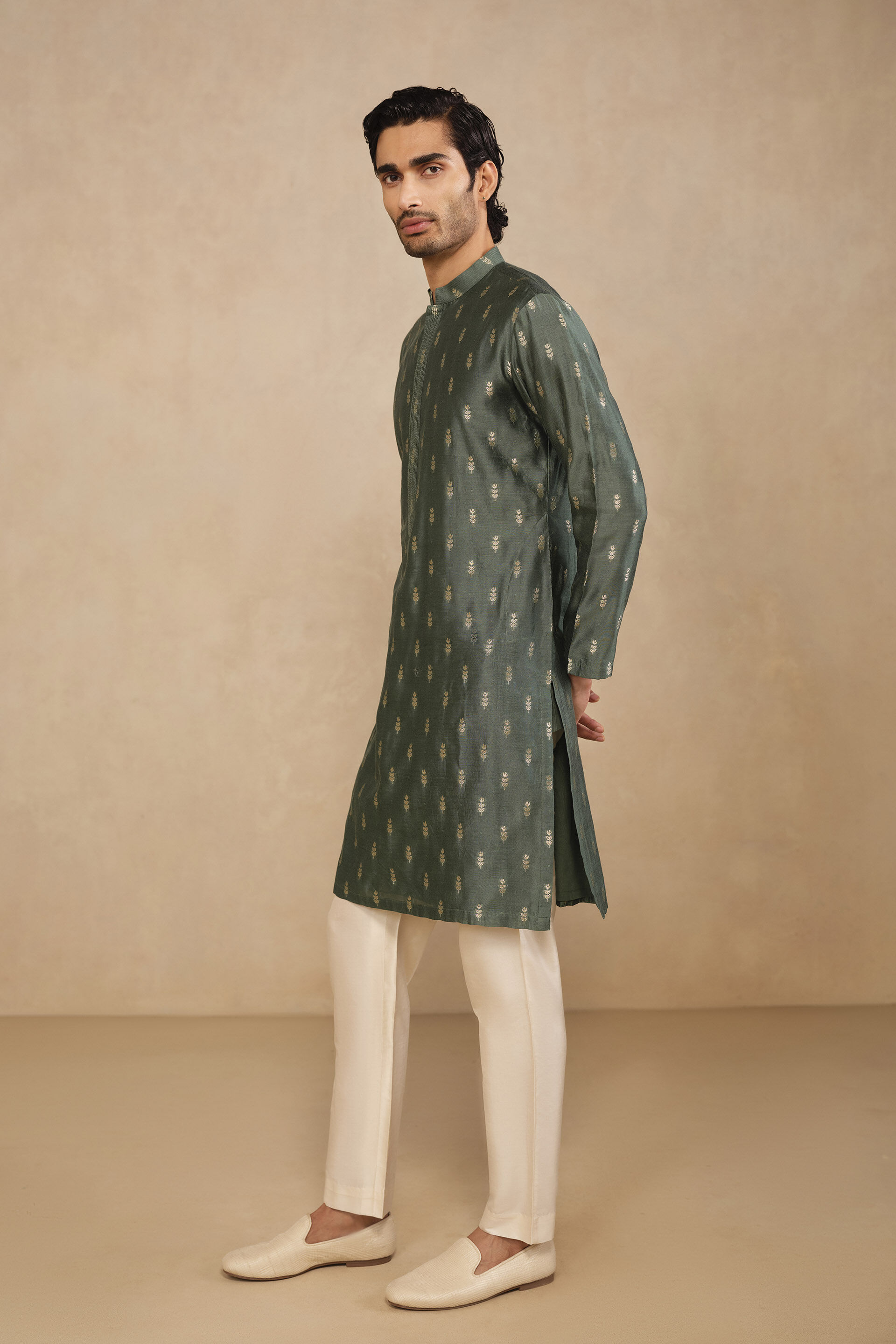 Aryam Woven Benarasi Kurta - Emrald Green, Emerald Green, image 3